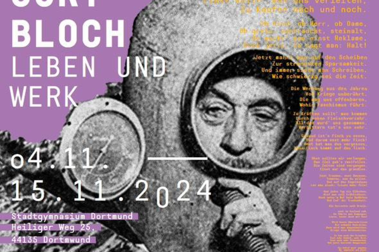 Ein Ausstellungsplakat. Darauf ist das Bild eines Tauchers mit einer antiken Ausrüstung. zu lesen ist: Curt Bloch Leben und Werke - 4.11. - 15.11.2024. Früher, jetzt und bald.