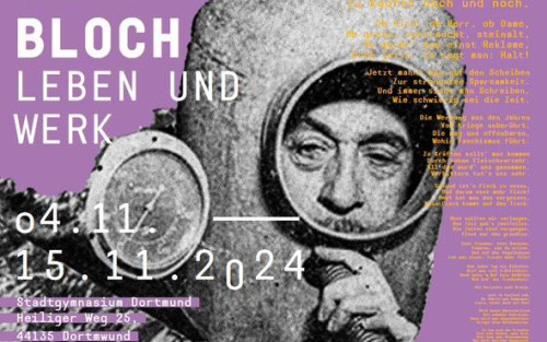 Ein Ausstellungsplakat. Darauf ist das Bild eines Tauchers mit einer antiken Ausrüstung. zu lesen ist: Curt Bloch Leben und Werke - 4.11. - 15.11.2024. Früher, jetzt und bald.