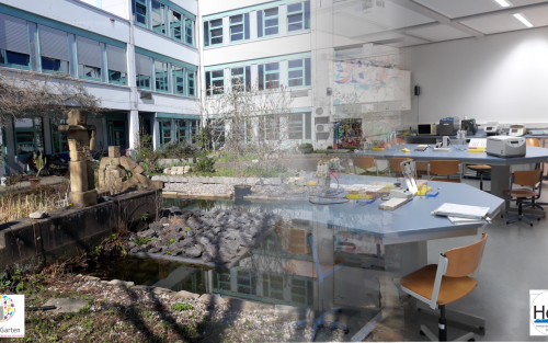 Zwei übereinander gelegte Bilder. Auf der rechten Seite sind die Räumlichkeiten eines Schülerlabors zu sehen, links ein Garten vor einem Schulgebäude. Die Übergänge sind fließend.