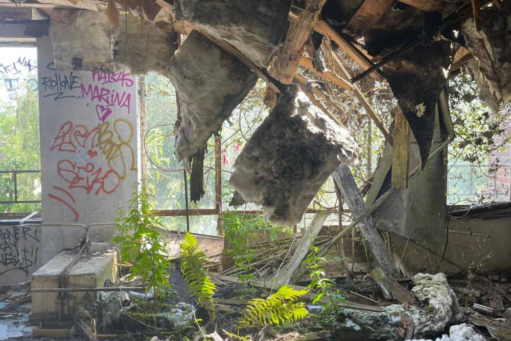 Die Innenansicht einen einsturzgefährdeten Gebäudes. Die Holzkonstruktion an der Decke hängt teilweise samt Dämmmaterial herunter. Auf dem Boden ist ebenfalls Dämmwolle. Die Fenster an der Fensterfront des Raums sind mit Schriftzügen besprüht. Vor den Fenstern stehen belaubte Bäume. Auch in dem Raum wächst vor dem Fenster Farn.