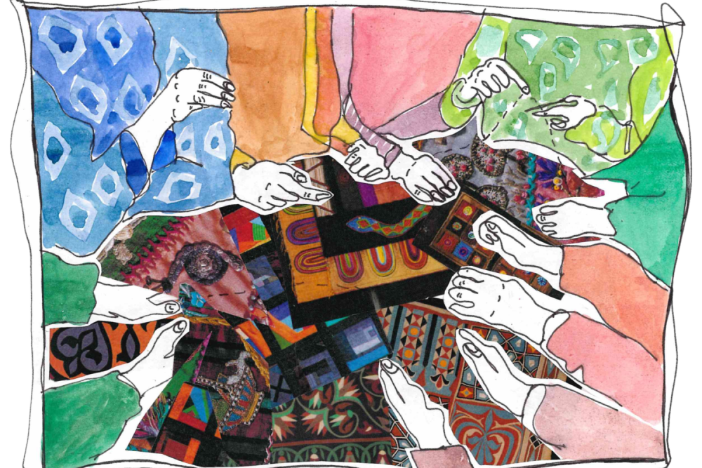 Eine Collage mit Bildern von Händen und bunten Mustern.