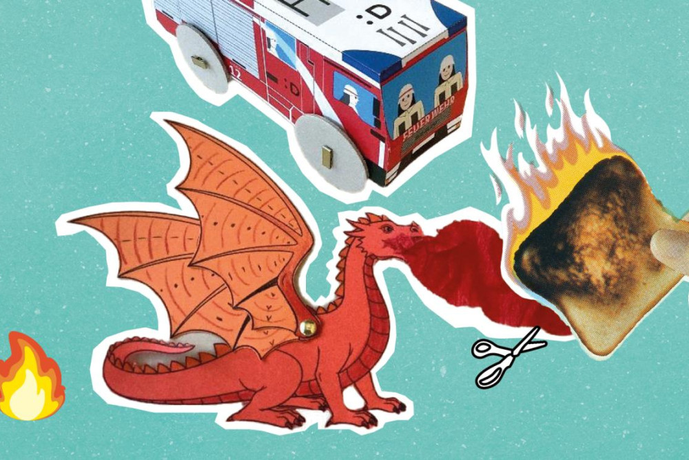 Eine Collage aus einem Feuerwehrauto, einem Drachen und einem brennenden Toast.