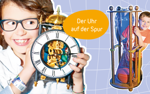 Ein Kind mit Brille hält einen altertümlichen Wecke in beiden Händen neben sein Gesicht. Bei dem Wecker ist das Uhrwerk hinter dem Ziffernblatt aus römischen Zahlen zu sehen. Die goldene Glocke des Weckers ist über dem Ziffernblatt. Im Hintergrund ist ein zweites Kind zu sehen, das hinter einer großen Sanduhr steht. Auch diese Kind hält die Uhr mit meiden Händen fest. Auf dem Bild ist der Schriftzug: Der Uhr auf der Spur.