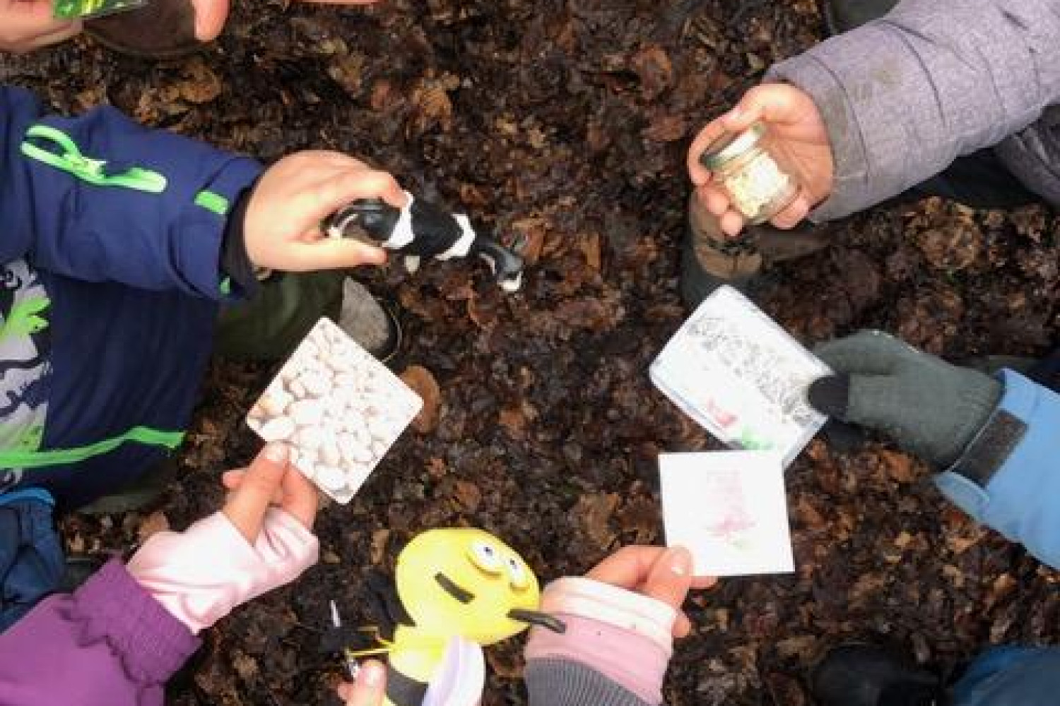 Kinder halten Karten und Spielzeuge in die Mitte eines Kreises.